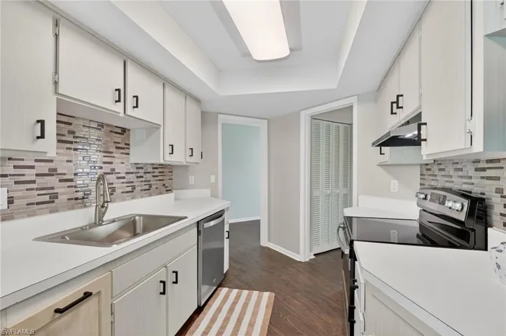 Walk thru Galley kitchen featuring light cabinetry with dark hardware, a mosaic tile backsplash, stainless steel sink with a gooseneck faucet, a built-in dishwasher, wood-finish flooring, a utility room and foyer off the kitchen