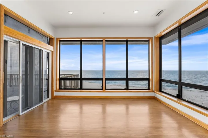 Dining room featuring a water view