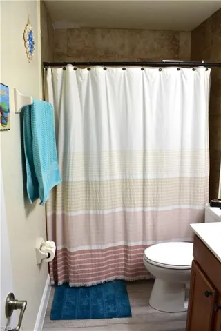 Bathroom with vanity, curtained shower, and wood finished floors