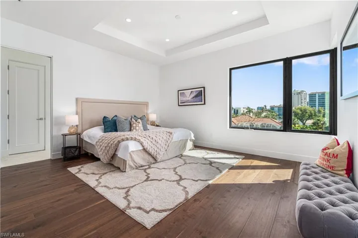 Bedroom with hardwood / wood-style floors and a tray ceiling