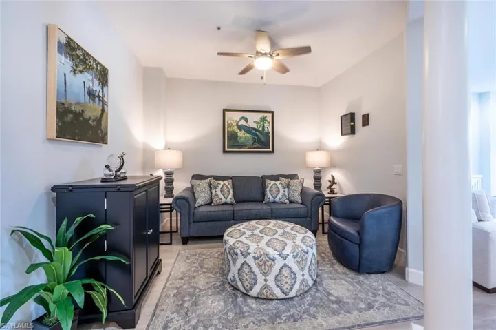 Living area with a ceiling fan