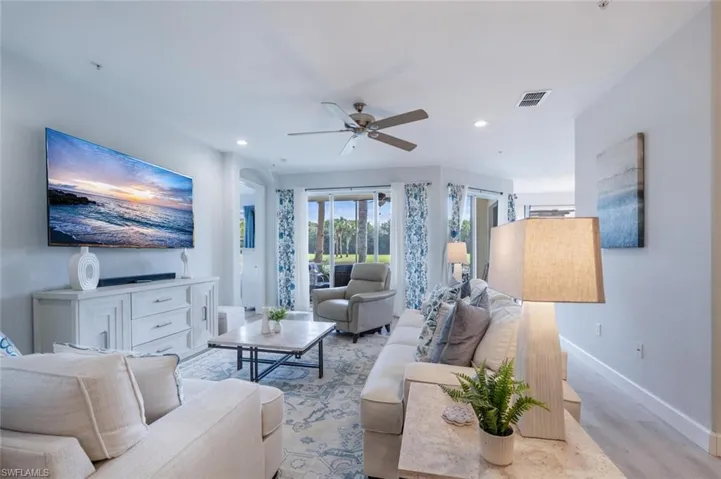 Living room featuring light wood-style flooring, visible vents, baseboards, and recessed lighting