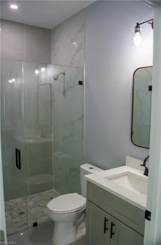 Bathroom featuring vanity, toilet, and an enclosed shower
