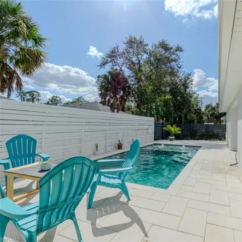 View of swimming pool with a fenced backyard and patio surround