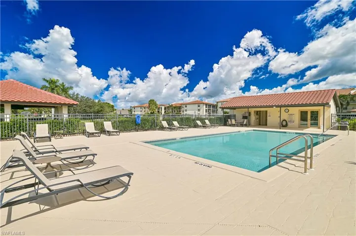 Community pool featuring a patio and a residential view