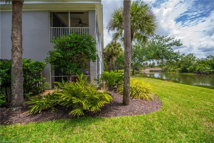 Lakeside property featuring a manicured lawn, established palm trees, and mature landscaping