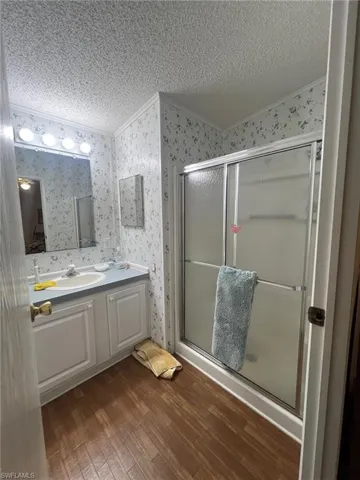 Bathroom with hardwood / wood-style floors, vanity, a textured ceiling, and a shower with shower door