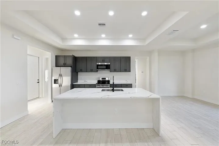 Modern kitchen featuring an expansive island with a waterfall countertop, dark cabinetry, stainless steel appliances, and tray ceilings with recessed lighting