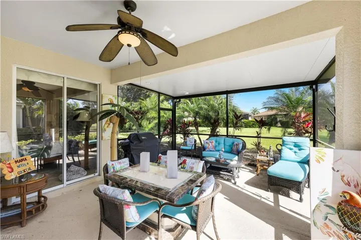 Sunroom / solarium with an outdoor hangout area, a ceiling fan, and outdoor dining area