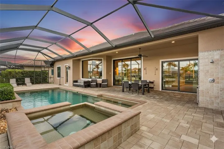 Twilight view of Pool, Spa, and Lanai.