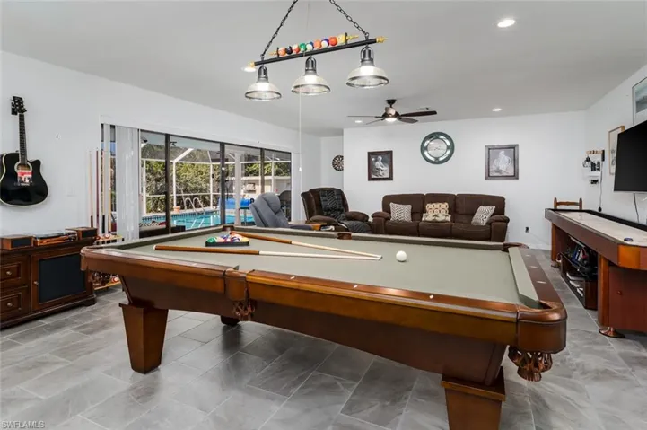 Grea troom with billiards, a ceiling fan, and recessed lighting