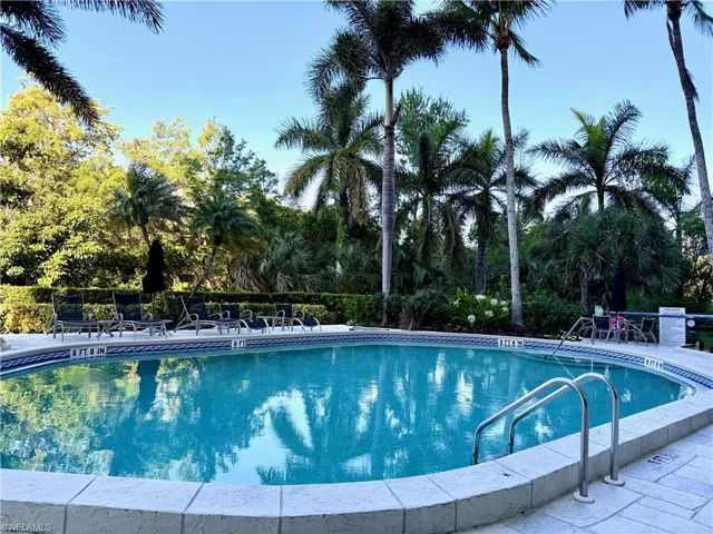 Expansive outdoor swimming pool featuring a tiled edge, integrated steps, and surrounding mature tropical landscaping