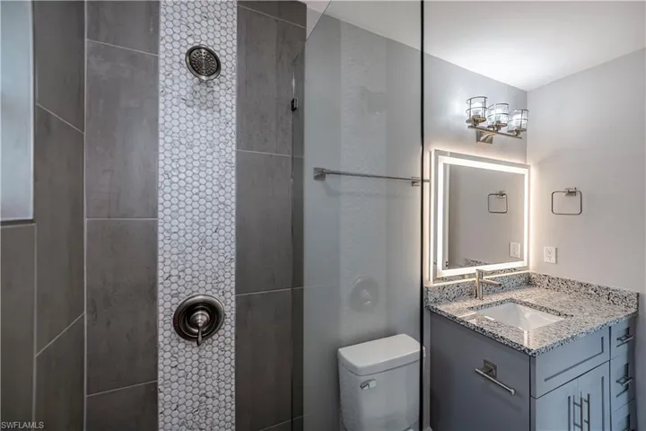 Bathroom featuring a tile shower, vanity, and toilet