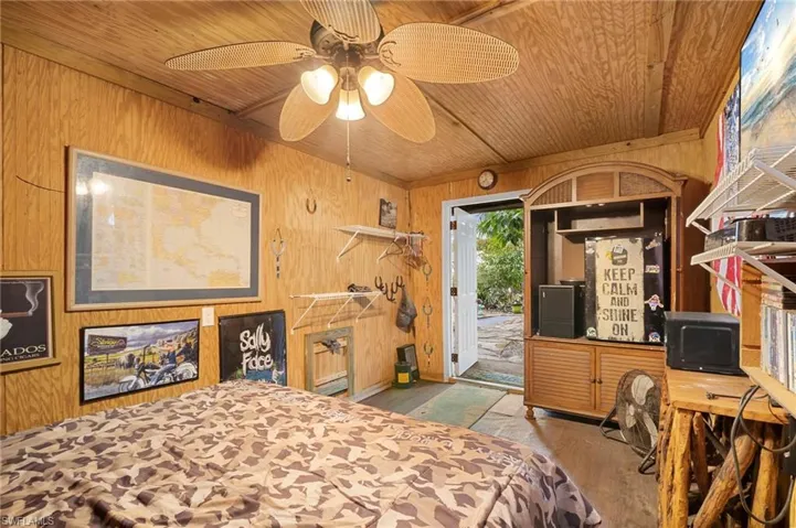 Bedroom featuring wood walls, a ceiling fan, wood ceiling, and wood finished floors