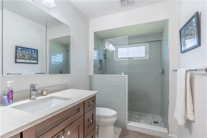 Bathroom with vanity, a shower with shower door, and toilet