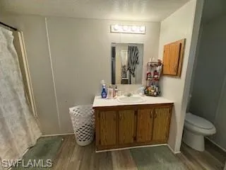 Bathroom featuring a shower with shower curtain, vanity, a textured ceiling, and dark wood-style flooring