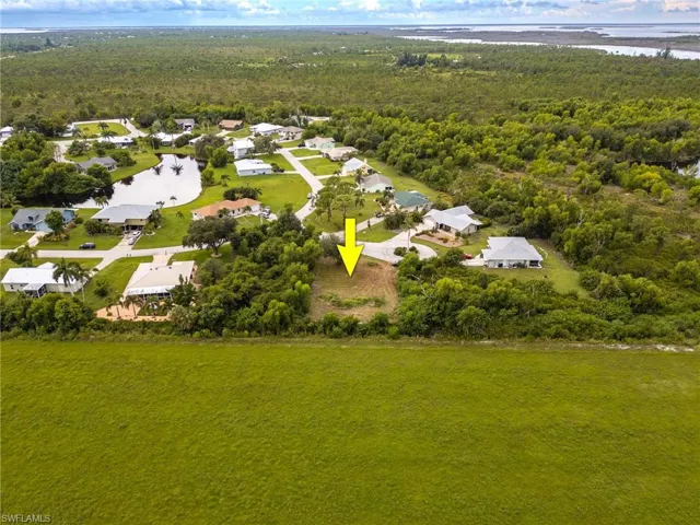 Aerial perspective of suburban area featuring a large body of water