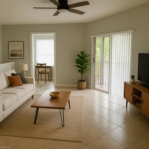Living room featuring light tile patterned flooring and ceiling fan