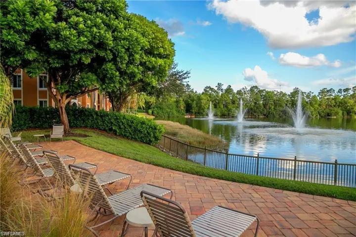 View of community featuring a patio area and a water view
