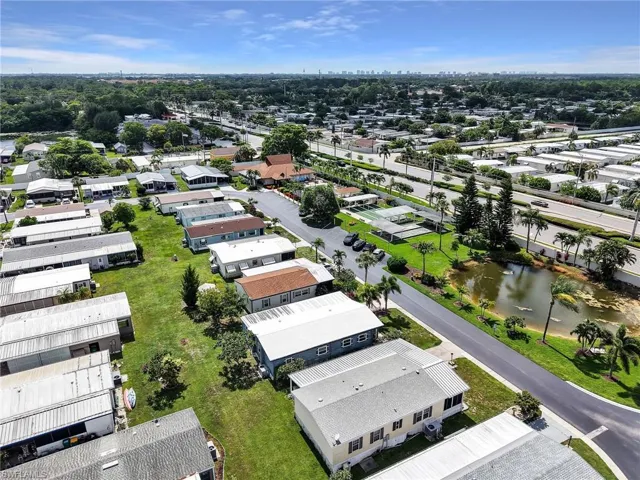Aerial perspective showcasing a community layout with residential structures