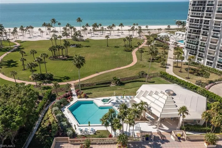 Drone / aerial view of a pool and extended coastline