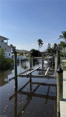 Dock with boat lift and a water view