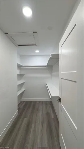 Walk in closet featuring dark wood finished floors and attic access