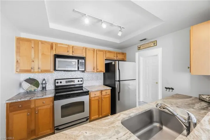Kitchen with stainless steel appliances, a tray ceiling, decorative backsplash, and rail lighting