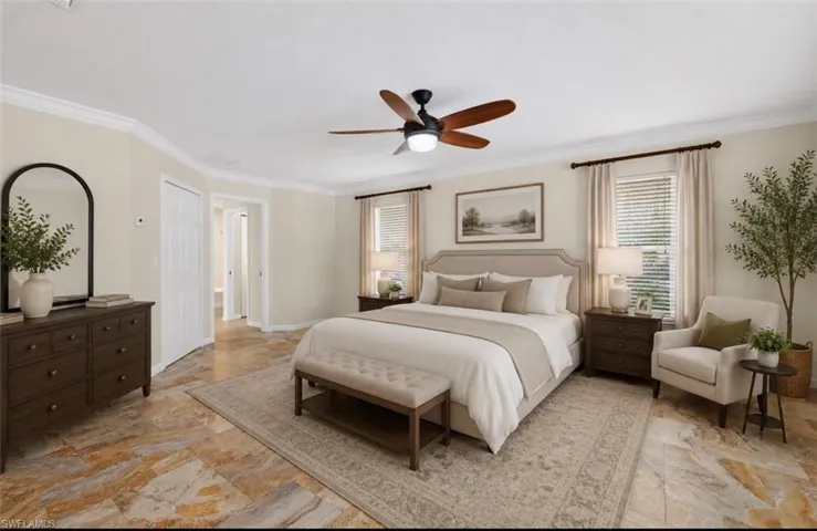 Staged photo of primary bedroom