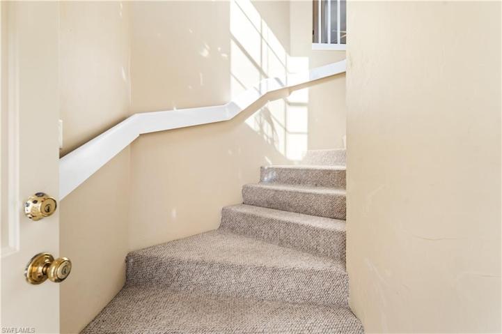 Carpet runs the staircase and into the living area.