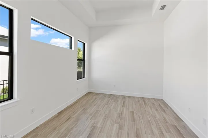 Spare room featuring wood tiled floors and a raised ceiling
