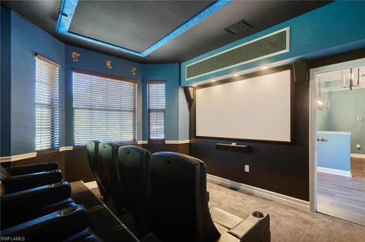 Home theater room featuring a tray ceiling, baseboards, carpet, and visible vents