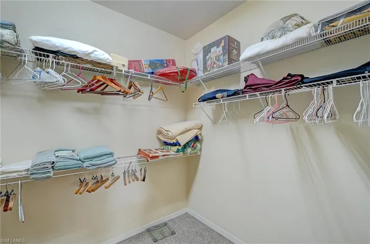 Walk in closet featuring light colored carpet and vaulted ceiling