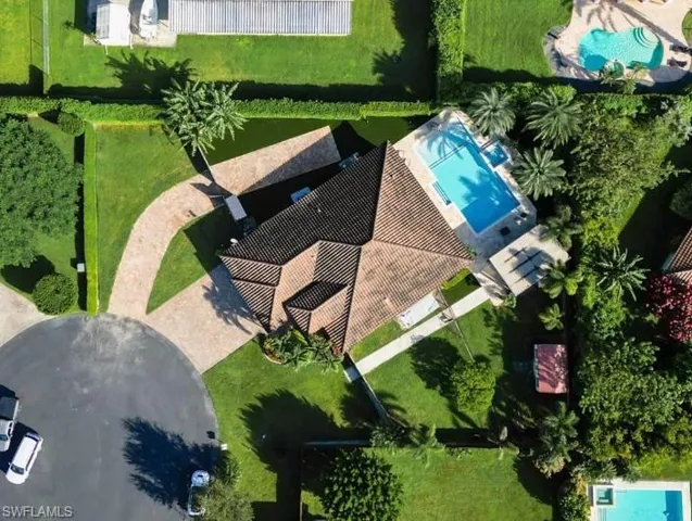 Drone / aerial view of a pool area