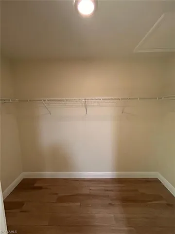 Spacious closet featuring dark wood-style flooring and attic access