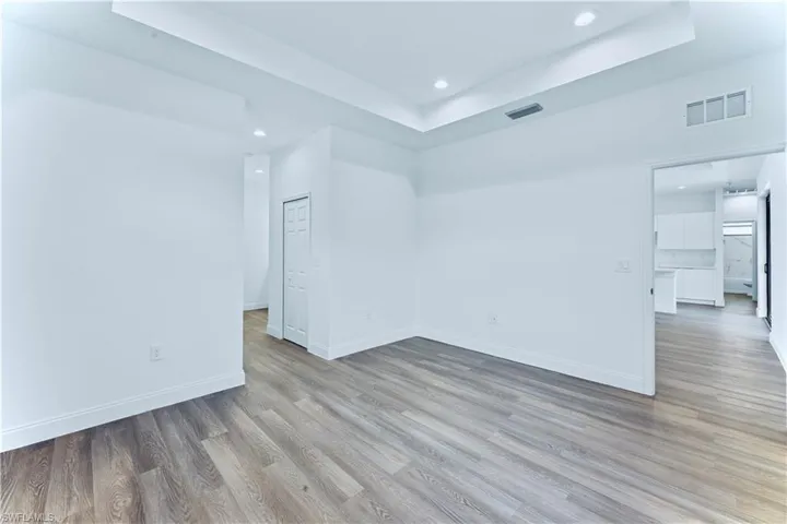 Spare room with a raised ceiling and light hardwood / wood-style floors