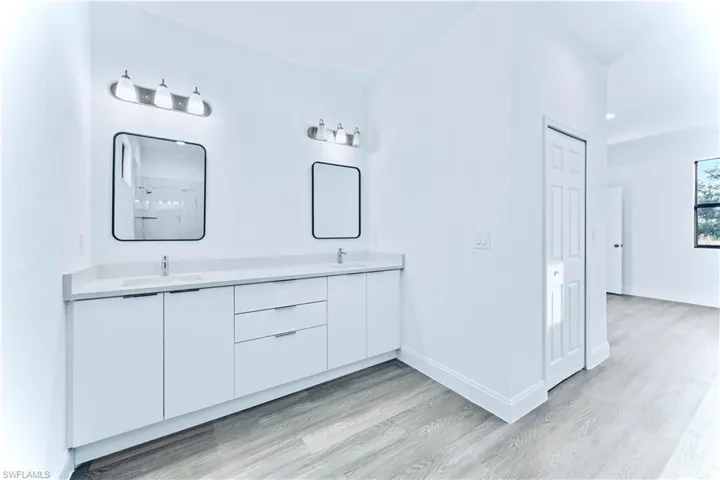 Bathroom with wood-type flooring and vanity