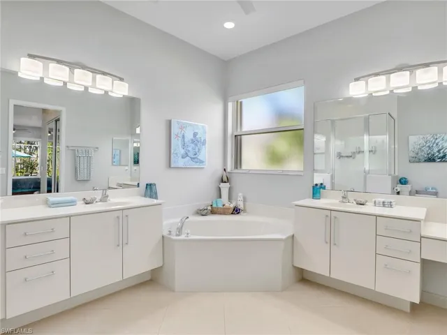 Bathroom with vanity, a healthy amount of sunlight, and shower with separate bathtub