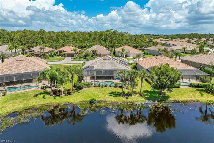 Birds eye view of property with a lake view