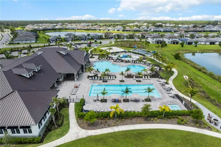 Aerial perspective of suburban area with a nearby body of water