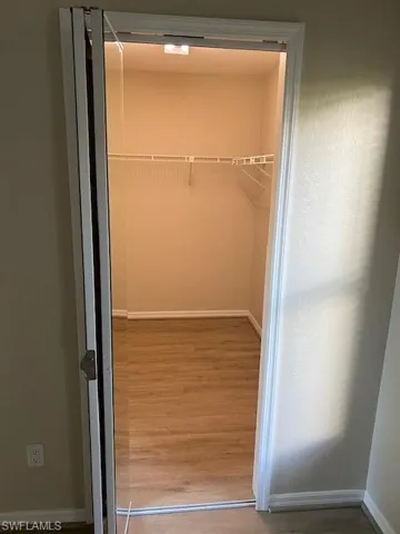 Walk in closet with wood-type flooring