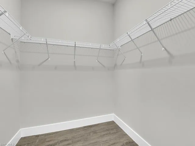 Walk in closet featuring dark wood-style flooring