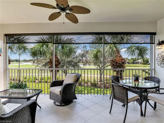 Screened Balcony featuring ceiling fan, water & golf course view.