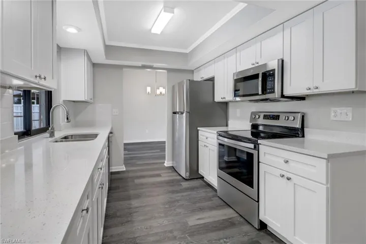 Kitchen featuring a tray ceiling, sink, hardwood / wood-style floors, and stainless steel appliances