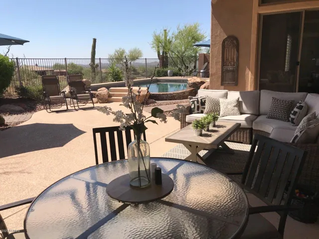 Patio View to Backyard with Heated Pool and Golf Course, Mounting and Twinkling Light Views!