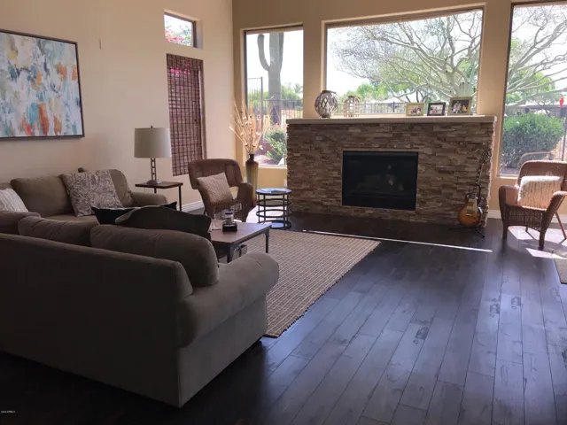 Family Room with Stacked Stone Gas Fireplace and VIEWS!