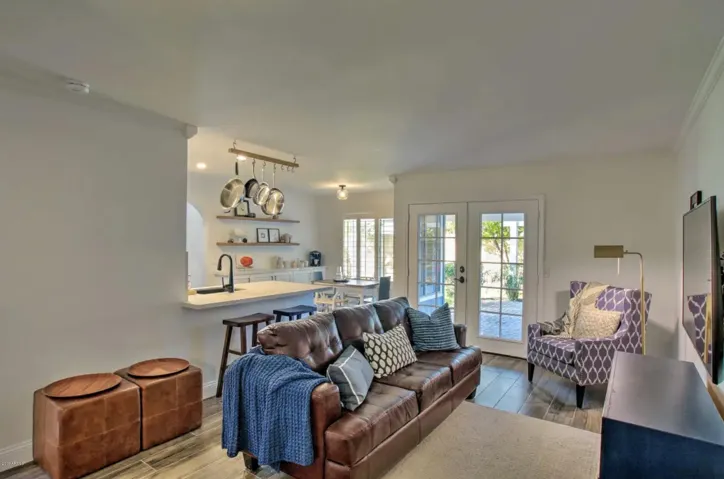Family room view into kitchen.