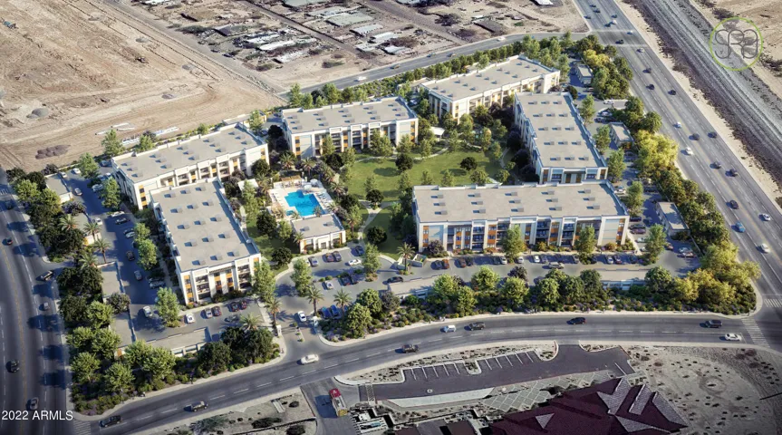 Rendering of site with apartments on it