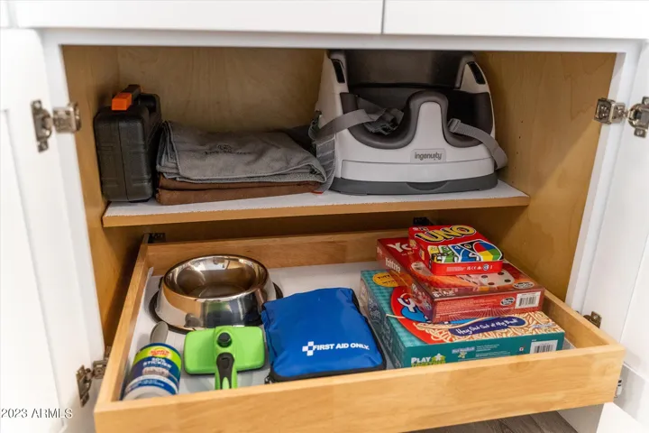 In addition to all the things you would expect in a kitchen, you'll find many extras, like the CHEMEX coffeemaker, a French press, a Crock-pot, a blender, a booster seat, a tool set, first aid kit, pet supplies, and games!
