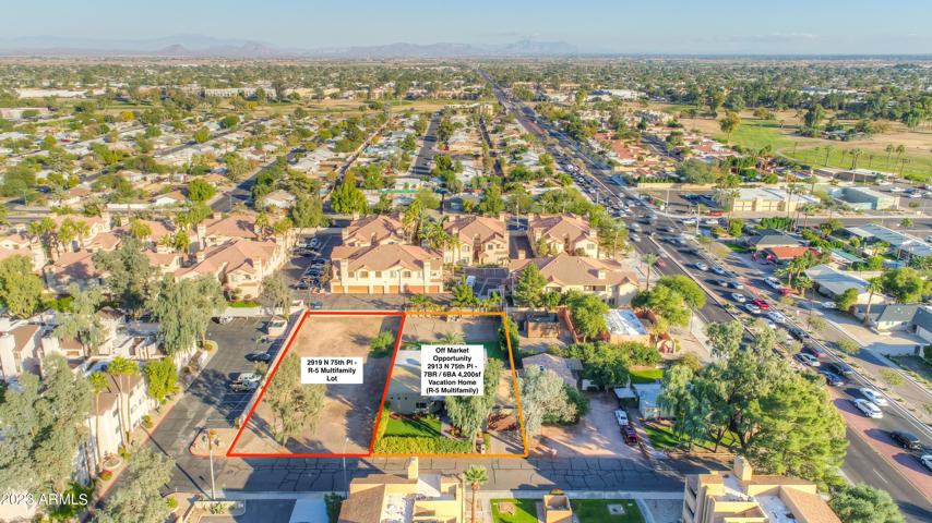 Corner Interior Lot on Left adjacent home potentially for sale - 2913 N 75th Place. (Aerial photos are old 2913 N 75th has been gut remodeled adding casita, pool, and rooftop patio)